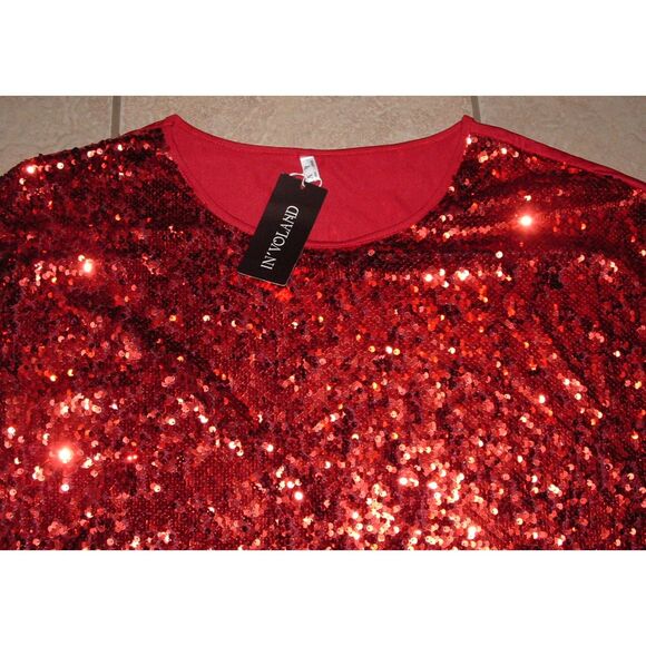 NEW NWT Red Plus Sz 24 Sparkly Sequined Front Stretchy Holiday Shirt IN' VOLAND - Picture 2 of 3